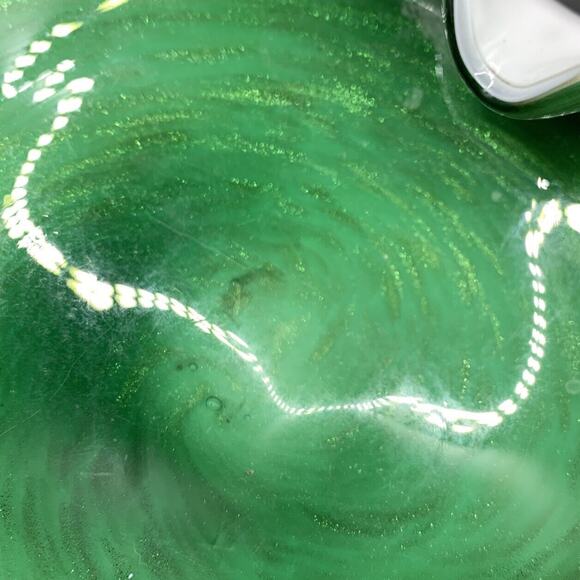 Hand Blown Art Glass Free Form Bowl Green Cased White Gold Mica 7” X 6” - Picture 7 of 7